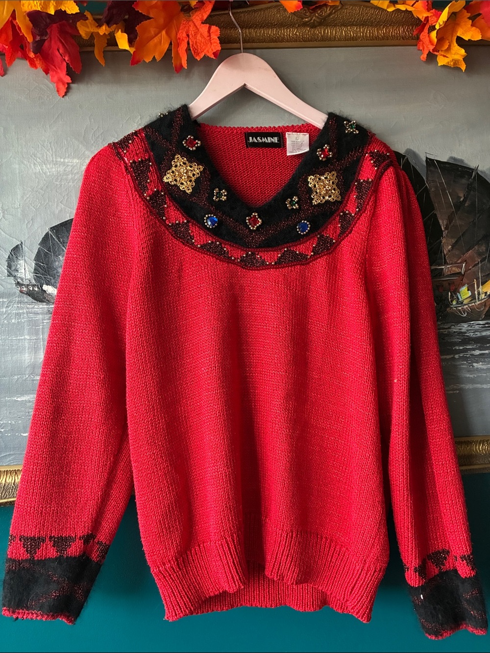 Vintage 80s Jasmane Red Jewel Embellished Statement Sweater L